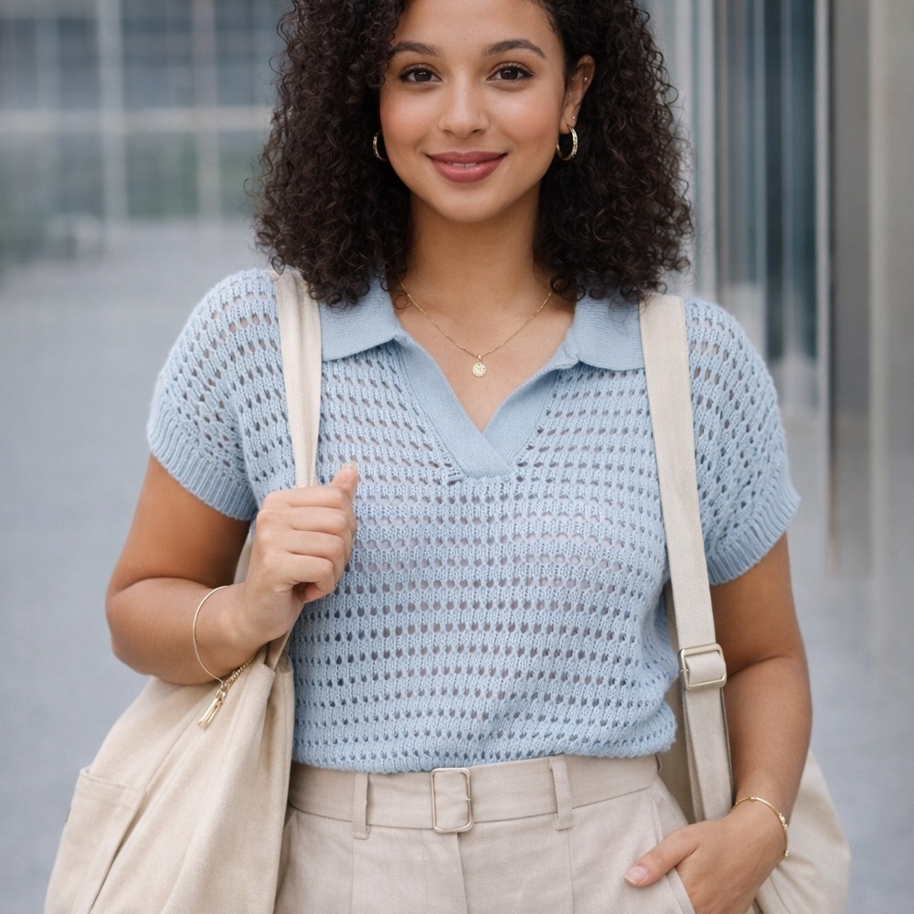 Light Blue Knit Polo Top